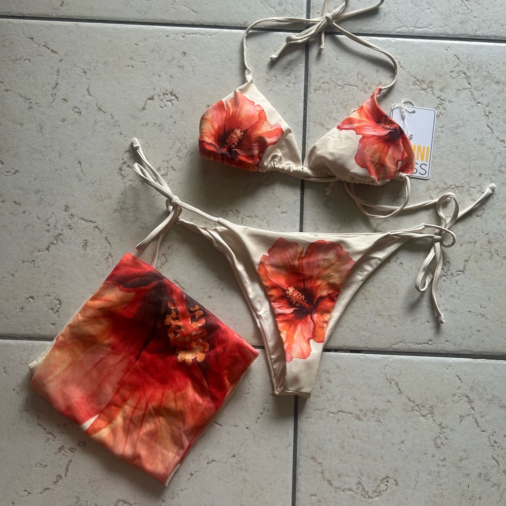 Cream Bikini Set with Orange-Red Floral Print and Matching Cover-Up